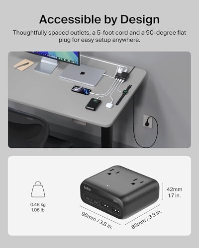 Belkin 70W GaN 7 in 1 Charging Station, 3X AC, 2X USB A, & 2X USB C Ports | Power strip, dual USB-C charger, iPhone 17/16/15, Apple Watch, iPad, MacBook, Samsung Galaxy S26, Pixel 10 - style: 70W, 3 AC Outlet