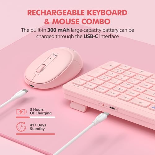 Pink Wireless Keyboard and Mouse Combo for Desktop Mac iPad Bluetooth 2.4 Ghz Rechargeable Slim Silent Click with Number Pad Compatible with Pc, Laptop, Tablet (Pink) - color: Pink