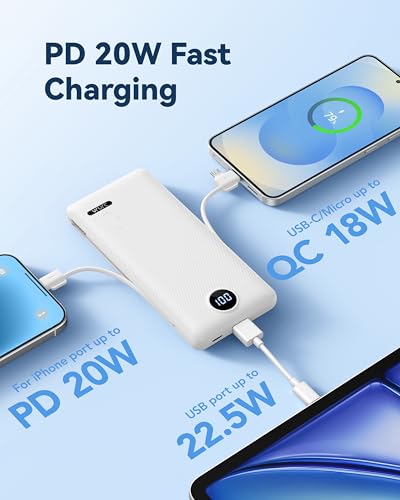 VRURC 10000mAh Portable Phone Charger, Built-in AC Plug & Cables, White | 22.5W fast charging, LED display, built-in Micro/USB-C/Phone cables, airline approved travel accessory,8 oz - color: White