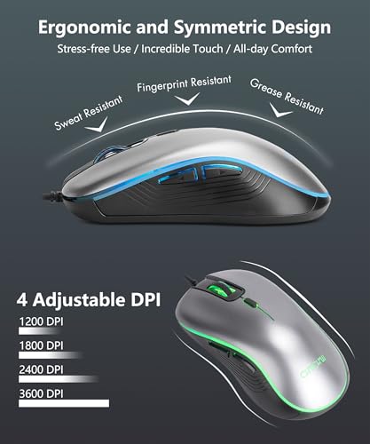 USB Wired Keyboard and Mouse Combo with Backlit, Large Print for Computer | Red/Green/Yellow Light Up, Silent, Multimedia Keys, Number Pad, 4 Levels DPI RGB Mouse for PC PS5 Office, Elderly Low Vision