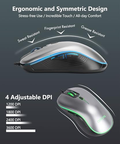 USB Wired Keyboard and Mouse Combo with Backlit, Large Print for Computer | Red/Green/Yellow Light Up, Silent, Multimedia Keys, Number Pad, 4 Levels DPI RGB Mouse for PC PS5 Office, Elderly Low Vision