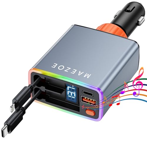 Retractable Car Charger with 𝑺𝒐𝒖𝒏𝒅-𝑨𝒄𝒕𝒊𝒗𝒂𝒕𝒆𝒅 𝑳𝒊𝒈𝒉𝒕, 120W USB C Car Charger Adapter Fast Charging, 4-in-1 Retractable Car Phone Charger for iPhone 16/15/14/13/12, Samsung