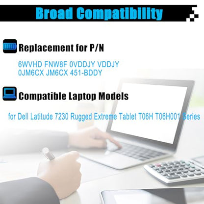 35.6Wh 6WVHD Laptop Battery Replacement for Dell Latitude 7230 Rugged Extreme Tablet T06H T06H001 Series Notebook FNW8F VDDJY 0VDDJY JM6CX 0JM6CX 451-BDDY 7.6V 4457mAh - size: 4.1*2.3*0.3 inch 6WVHD