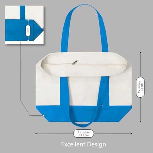 TOPDesign 1-Pack Canvas Tote Bag with an External Pocket, Reusable Grocery Shopping Bag, Top Zipper Closure, Daily Essentials (Ocean Blue/Natural) - color: Ocean Blue/Natural