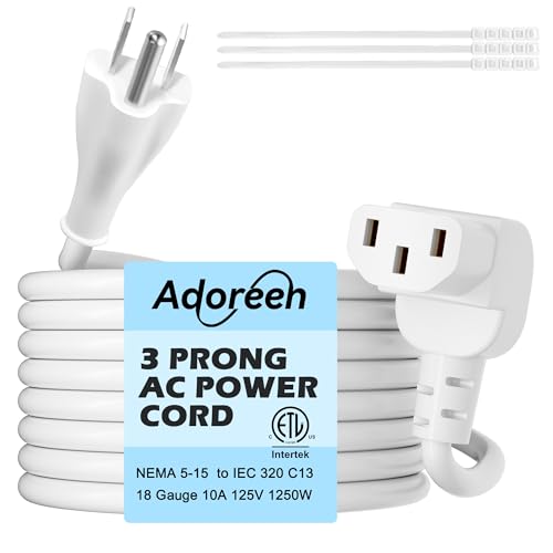 Adoreen 10 Ft Computer TV Replacement Power Cord White, 90 Degree Angled L-Shaped 18AWG 3-Prong AC Universal Power Supply Cable NEMA 5-15P to IEC 320 C13 for Printer, PC, Monitor TV LCD, ETL+Ties - size: 10FT, style: Straight to Angled