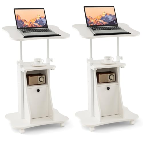 Tangkula Mobile Laptop Podium, Height Adjustable Sit to Stand Desk with Tilting Desktop & Storage Cabinet, Ergonomic Rolling Lectern Cart Laptop Desk, Office Podium Stand on Wheels - color: White, size: 21.5" x 15.5" x 45"