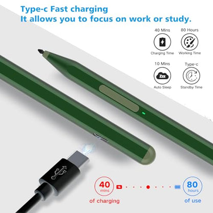 Stylus Pen for Microsoft Surface Pro12/11/10/9/8/X/7+/6/5/4/3, Surface Go 4/3/2/1, Surface Laptop1-5/Studio/Book 3/2/1 with Eraser Side Button,Palm Rejection,Tilt Function,1024 Pressure - color: Green