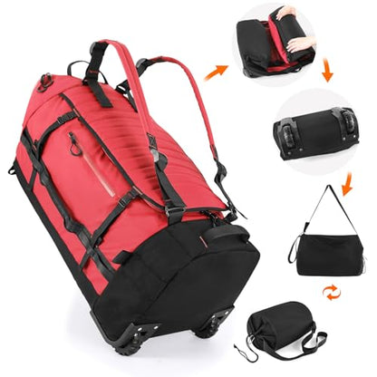 Vomgomfom 86L Collapsible Wheeled Duffle Bag Waterproof, Red | Detachable Backpack Straps, Padded Laptop Sleeve, Quilted Reinforced Base, U-Shape Mesh Pocket, Shoe Compartment - color: Red