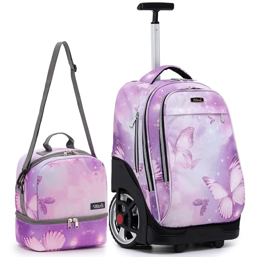 NEW TILAMI 19 Inch Rolling Backpack with Lunch Bag School Stair-Climbing | Stair-Climbing Teen Boys Girls Carry-on Suitcase Large Compartment 15.6 Laptop Sleeve Adjustable Handle Roller Travel Bag - color: Purple Butterfly