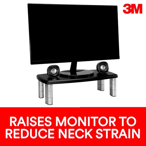3M Extra Wide Adjustable Monitor Stand, Three Leg Segments Simply Adjust Height from 1" to 5 7/8", Sturdy Platform Holds Up to 40 lbs, 16-inch Space Between Columns for Storage, Silver/Black (MS90B)