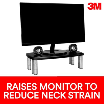 3M Extra Wide Adjustable Monitor Stand, Three Leg Segments Simply Adjust Height from 1" to 5 7/8", Sturdy Platform Holds Up to 40 lbs, 16-inch Space Between Columns for Storage, Silver/Black (MS90B)