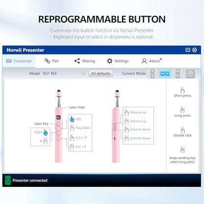 N21 Bluetooth Presentation Clicker for PowerPoint with Retractable Pointer | ①Red laser ②Telescopic touch pen ③Countdown timer, vibration alert ④Customizable Button ⑤Rechargeable, battery level display - color: Pink - Red Pointer