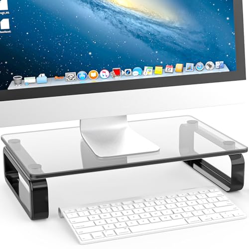 Hemudu Computer Monitor Stand Riser Multi Media Desktop Stand for Flat Screen LCD LED TV, Laptop/Notebook, with Tempered Glass and Metal Legs, Black HD02B-001U - color: black