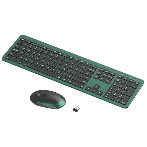seenda Rechargeable Wireless Keyboard and Mouse Combo, Dark Green | Quiet, slim full-size keyboard with numpad, 2.4GHz USB receiver, USB-C charging, 3-level DPI mouse for Windows PCs/laptops - color: Dark Green