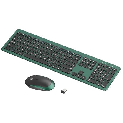 seenda Rechargeable Wireless Keyboard and Mouse Combo, Dark Green | Quiet, slim full-size keyboard with numpad, 2.4GHz USB receiver, USB-C charging, 3-level DPI mouse for Windows PCs/laptops - color: Dark Green