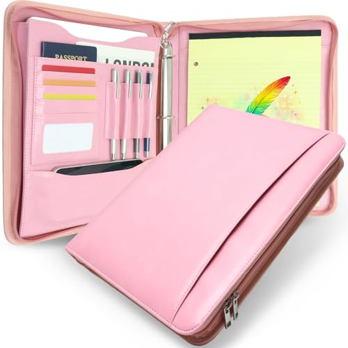 Zippered 3 Ring Portfolio Binder, Padfolio Organizer for Women | Faux leather folder fits Letter/A4 pads and 13.9 in tablet, with card slots, 4 pen loops and phone pocket. - color: Pink, size: Zipper Portfolio(13.7"x11"x1.57")