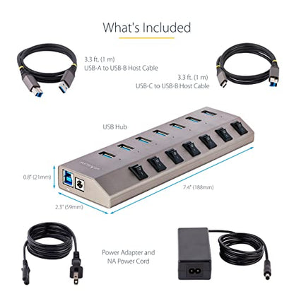 StarTech 7-Port USB-A Hub 5Gbps with Per-Port Switches (5G7AIBS-USB-HUB-NA) | USB-C and USB-A host cables, Self-powered with adapter, BC 1.2 charging, 52.5W total, LED on/off switches