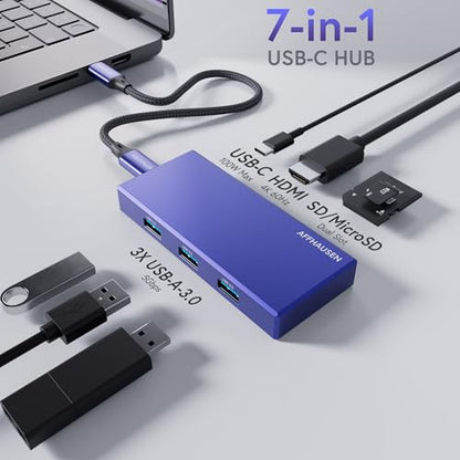 AFFHAUSEN 7-in-1 USB-C Hub – SD/microSD Card Reader, 4K@60Hz HDMI, 3X USB-A 5Gbps, 100W PD Charging – MacBook, iPad Pro, iPhone 16, Laptops