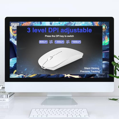 Bluetooth Wireless Mouse for MacBook Air Mac Pro Laptop Computer iPad Pad PC Laser Optical Rechargeable Mini Slim Silent Mouse Widely Used Desktop Hp iMac (White) - color: White