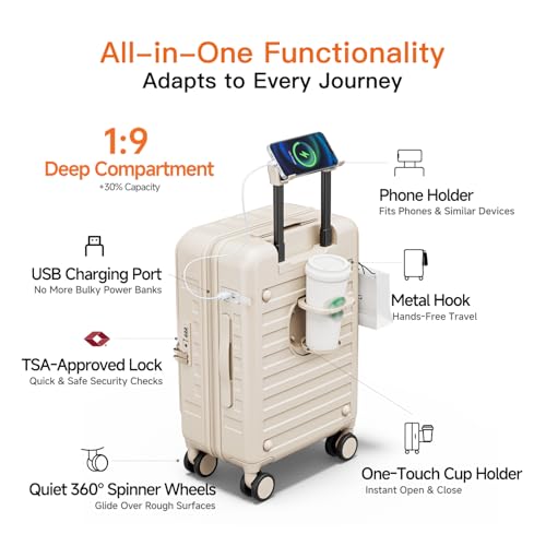 Expandable Lightweight PC Hard Shell Suitcase, 24-inch Luggage with TSA Lock, Top Opening & Cup Holder - Ideal for Business Travel Suitcase (Beige, Checked-Medium 24-Inch) - color: Beige, size: Checked-Medium 24-Inch