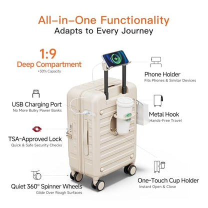 Expandable Lightweight PC Hard Shell Suitcase, 24-inch Luggage with TSA Lock, Top Opening & Cup Holder - Ideal for Business Travel Suitcase (Beige, Checked-Medium 24-Inch) - color: Beige, size: Checked-Medium 24-Inch