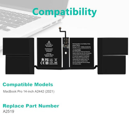 A2519 Battery Replacement for A2442 MacBook Pro 14 inch（2021），EMC 3650 8102 - size: A2519 12.20 4.92 0.94in