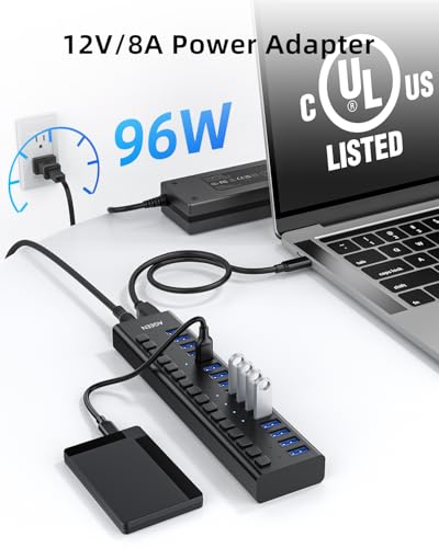 AGEEN 16-Port Powered USB 3.2 Hub, 10Gbps Data Transfer, 96W Power Adapter | Plug & Play, Individual On/Off Switch, Aluminum Housing, Surge Protection, USB Hub for Laptop/PC, Computer, HDD, Flash Drive