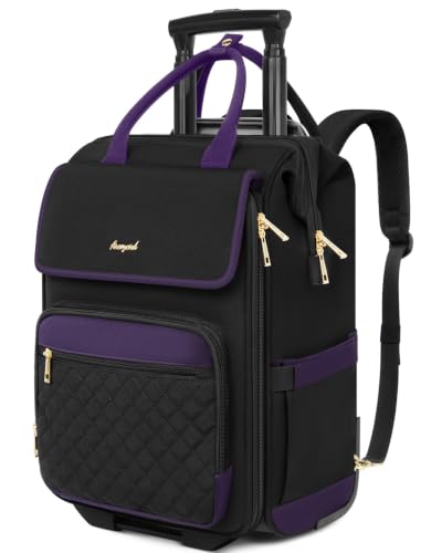 Rolling Backpack for Women, Travel Rolling Laptop Backpack with Wheels, Vertical & Horizontal Storage 2 In 1, Flip-Top Design, Water-Resistant Overnight Underseat Carry on Luggage, Black Purple - color: Black Purple