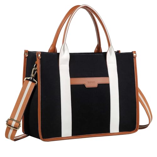 RAVUO Laptop Tote Bag Women, Water Resistant 15.6 Inch Large Canvas Handbag Business Briefcase With Detachable Shoulder Strap - color: Black