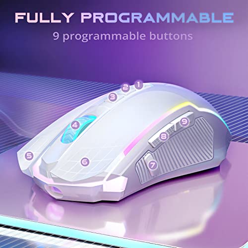 Redragon Wireless Gaming Mouse with RGB Backlit, 8000 DPI, with Fire Button, Macro Editing Programmable,70Hrs for Windows/Mac, Rechargeable, White, M910-WS - color: White, style: 2.4G/ Wired