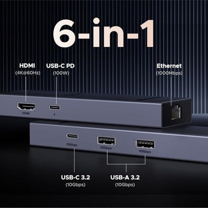 UGREEN Revodok Pro 6 in 1 USB C Hub Gigabit Ethernet Adapter 4K 60Hz HDMI | 100W PD Charging, 10Gbps USB A&C 3.2 Data Ports Compatible with MacBook Neo/Pro/Air, iPad, Steam Deck