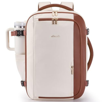 LOVEVOOK 40L Travel Backpack for Women,Carry on Luggage Backpack Flight Approved with 3 Packing Cubes,Waterproof Personal Item Travel Bag fits 17 Inch Laptop,Overnight Weekender Business Daypack - color: Beige White-brown, size: 17.3 Inch