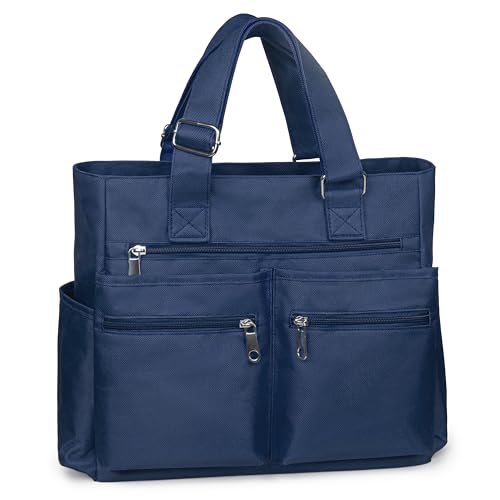 VOLGANIK ROCK Canvas Tote Bag Waterproof Nylon Multi Pocket Shoulder Bags Laptop Work Bag Teacher Purse Handbag for Women Men - color: Blue