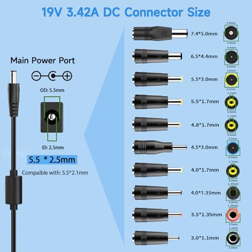 19V DC Power Supply, 19V 3.42A Laptop Charger, LCD Monitor Power Cord. | 19Volt Adapter with 10 Tips, fit for 19 Volt Acer Asus Lenovo Gateway Toshiba Laptop, 19Vdc Samsung LG TV Monitor.