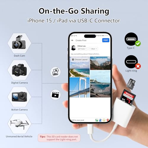 SD Card Reader for iPhone 15/16/17, USB C to SD Memory Card Adapter for iPad, Digital Camera Adapter iPhone,Supports SD and TF Card for iPad,Plug and Play No App Required - size: Dual Slots(SD+TF for USBC)