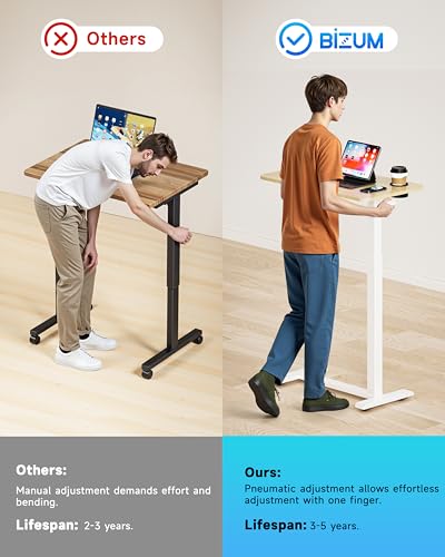 BIZUM Adjustable Bedside Table with Swivel Hidden Wheels Pneumatic Rolling Desk Mobile Standing Desk with Cup Holder for Hospital Home(27.6"x15.8" Maple) - color: Maple, size: 27.6"x15.8"