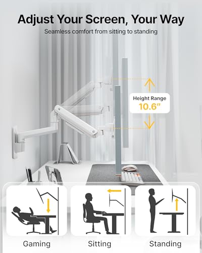 monTEK Ultra Wide Wall Mount Monitor Arm for 17-49 Inch Screens, Heavy Duty Single Monitor Mount up to 44 lbs, Fully Adjustable Gas Spring Wall Mount, 75x75/100x100 VESA Mount, White - color: White