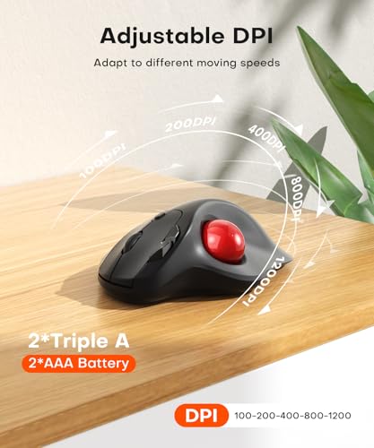 Ergonomic Wireless Trackball Mouse, 3 Device Connection (Bluetooth or 2.4G USB Receiver) Bluetooth Quiet Computer Mouse, 2*AAA Battery Thumb Laptop Mice with 5 Level DPI for PC/Laptop/Mac/Windows Red - color: Red