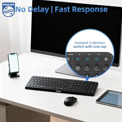PHILIPS Full-Size Slim Wireless Bluetooth Keyboard, 108-Key with Number Pad, 3-Device Switching, 2.4GHz + Bluetooth, Quiet Low-Profile Keyboard for Windows, Mac, iPad and Android, Laptop, PC