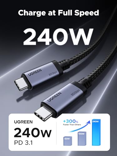 UGREEN 240W USB C to USB C Cable USB4 Gen4 80Gbps for Thunderbolt 5/4/3, Premium 18K Dual 8K Triple 4K Display PD3.1 Charging Compatible with USB C Monitors, MacBook, iPad, iPhone 17/16/15, 3.3FT