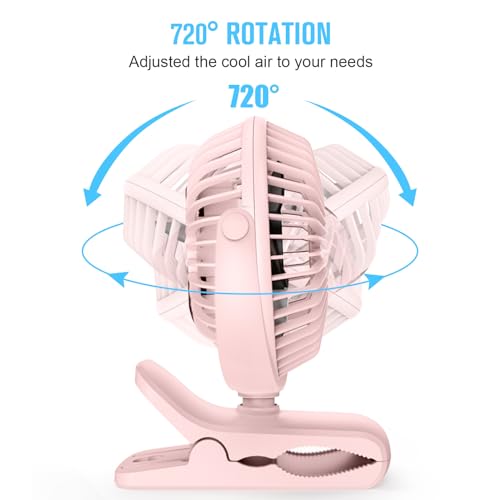 HONYIN 720° Rotation Small Desk, Hang & Clip on Fan by USB Plug In | Sturdy Clamp, 3 Speeds, Quiet Little Personal Cooling Fan for Bedroom Office Desktop Treadmill - color: Pink