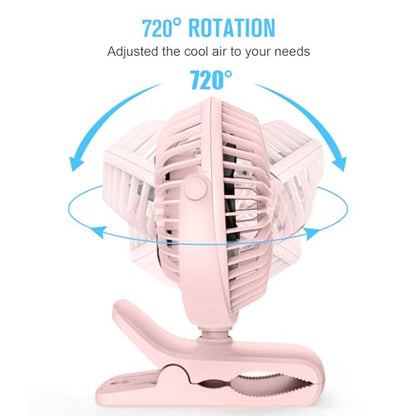 HONYIN 720° Rotation Small Desk, Hang & Clip on Fan by USB Plug In | Sturdy Clamp, 3 Speeds, Quiet Little Personal Cooling Fan for Bedroom Office Desktop Treadmill - color: Pink