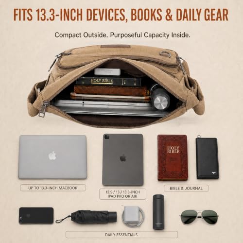 Rfid Crossbody Messenger Bag with Water Bottle Holders, 13 inch Laptop Shoulder Bag, Sling Satchel Purse w/Built-in Wallet - color: Khaki