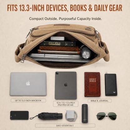 Rfid Crossbody Messenger Bag with Water Bottle Holders, 13 inch Laptop Shoulder Bag, Sling Satchel Purse w/Built-in Wallet - color: Khaki