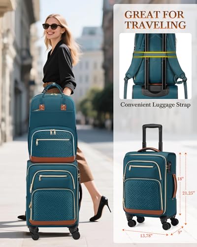 RAINSMORE Carry On Luggage with wheels, Softside Suitcases Set 3 Piece | 22x14x9 Airline Approved, Luggage Sets with Backpack & Toiletry Bag, Rolling Suitcase with TSA Lock, for Travel Weekender - color: Green-Brown