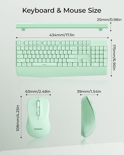 seenda Wireless Bluetooth Ergonomic Keyboard Mouse Combo, Full Size, Green | USB/Bluetooth multi-device switching, with wrist rest, number pad, and quiet operation for PC, laptop, Mac, MacBook, and iPad - color: Green