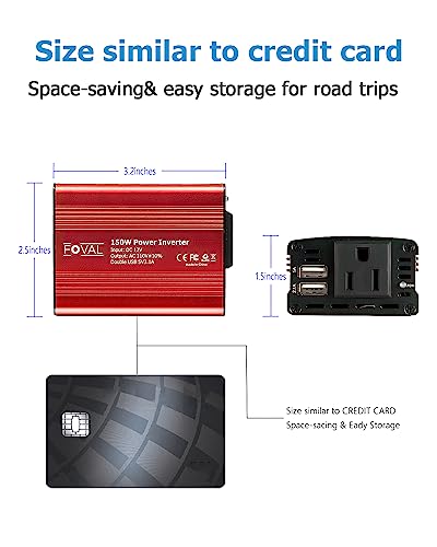 FOVAL 150W Car Power Inverter 12V DC to 110V AC Converter Vehicle Adapter Plug Outlet with 3.1A Dual USB Car Charger for Laptop Computer (Classic Red)