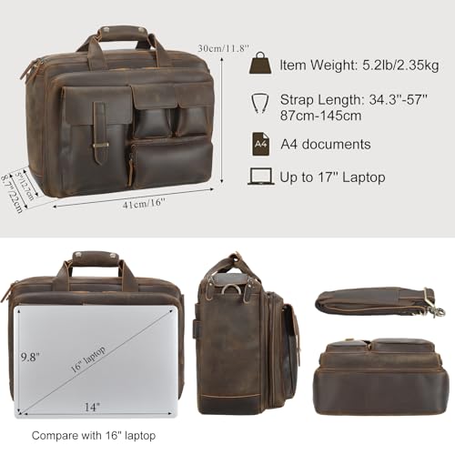 TIDING Leather Briefcase for Men 17.3" Laptop Business Travel Messenger Bag | Large Opening Main Compartment, Detachable Laptop Sleeve, Multi Pockets, Luggage Strap, Anti-theft Pocket - color: Dark Brown