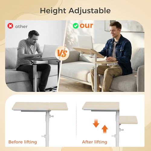 Aothia Small Standing Desk Rolling Table Adjustable Height, Laptop Mobile Stand with Wheels, Overbed Table, Portable Computer Workstation with Tiltable Desktop for Teacher Classroom Home Office, Oak - color: Oak