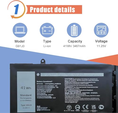 ASODI G91J0 41Wh Laptop Battery for Dell Inspiron 3520 3530 3510 3511 3515 5320 5330 5410 5415 5518 5430 5435 7415 7420 2-in-1 Latitude 3420 3320 3330 3520Vostro 5620 5625 Series 11.25V - size: 10.71*4.72*1.26 inches G91J0